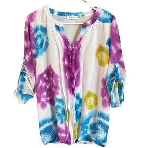Calvin Klein Multicolor Watercolor Tie Dye Split Neck Pleated Blouse Size Medium